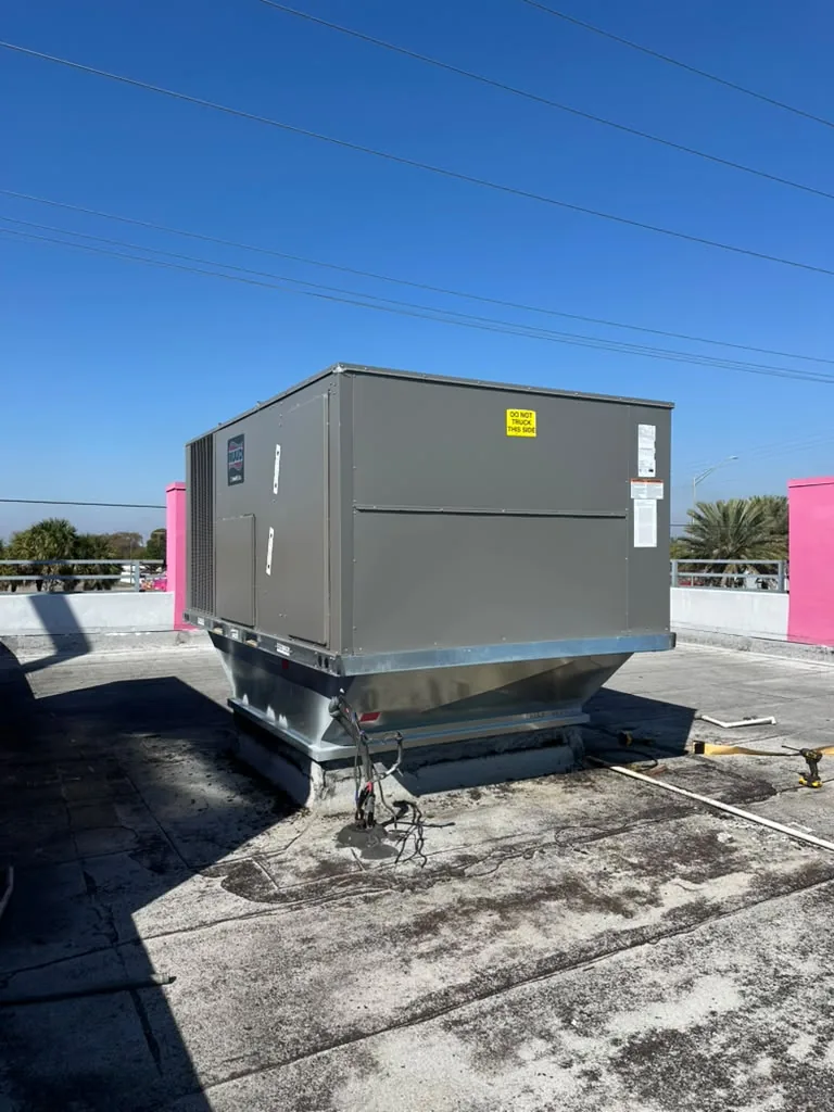 Commercial rooftop air conditioning unit installed on a support frame